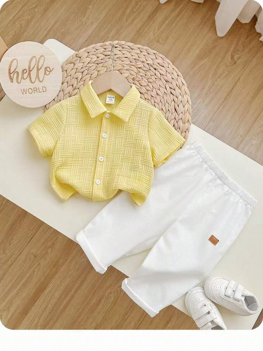 Boys Woven Texture Collar Shirt & Trousers Set - Buttercup