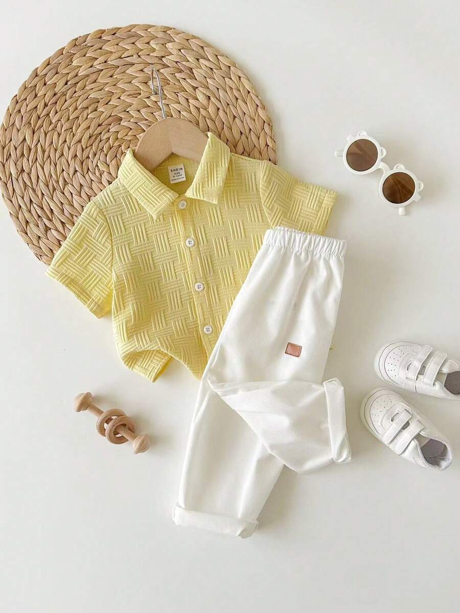 Boys Woven Texture Collar Shirt & Trousers Set - Buttercup