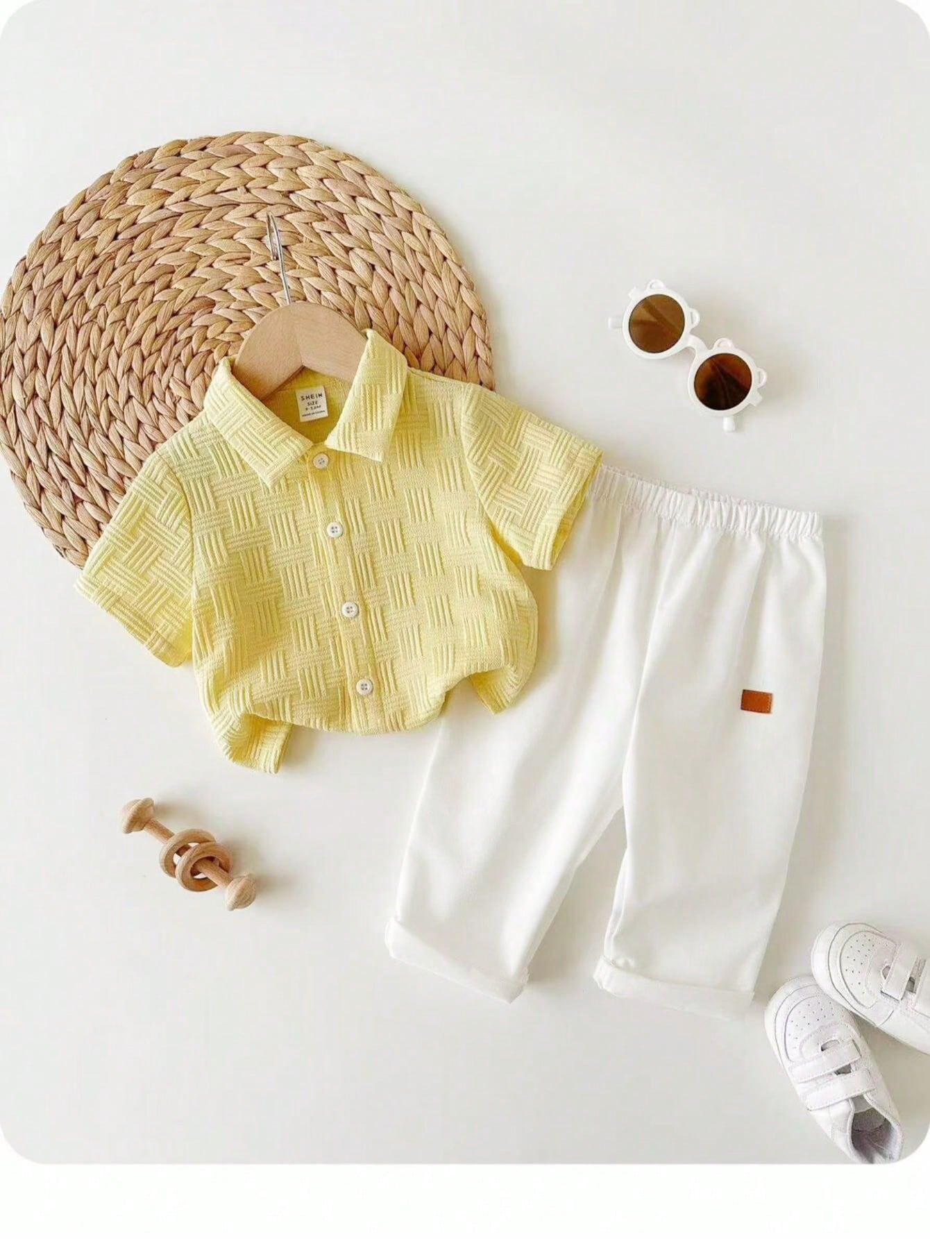 Boys Woven Texture Collar Shirt & Trousers Set - Buttercup