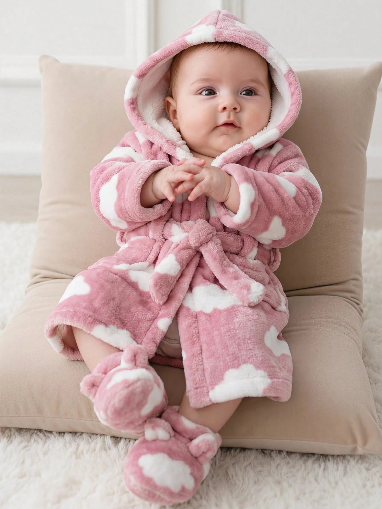 Baby Girls Cloud Print Fleece Hooded Tie-Front Robe - Dusty Rose | ...