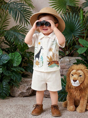 2pcs Boys Safari Animal Print Resort Collar Shirt & Shorts Set - Ivory