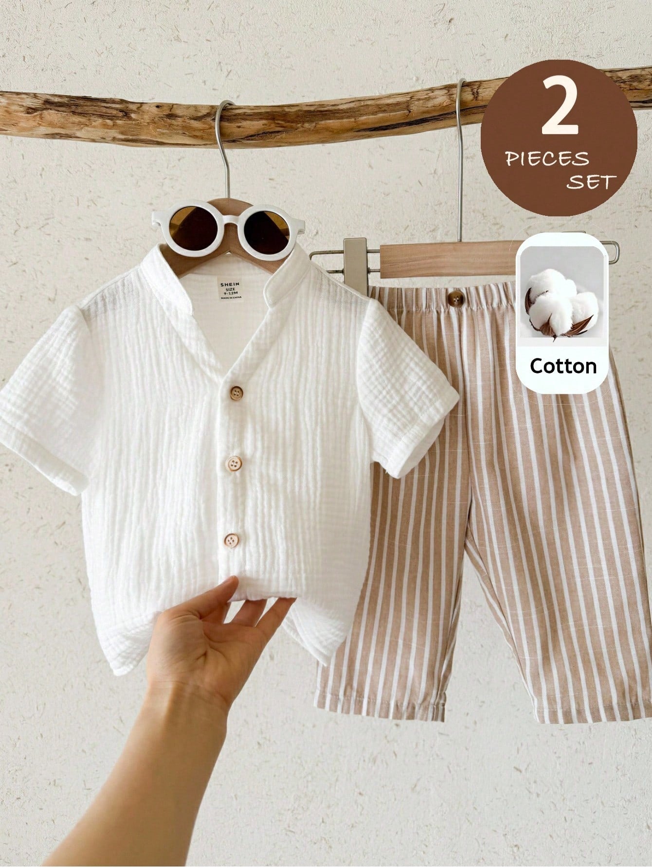 2pcs Boys Mandarin Collar Shirt & Striped Trousers Set - Ivory