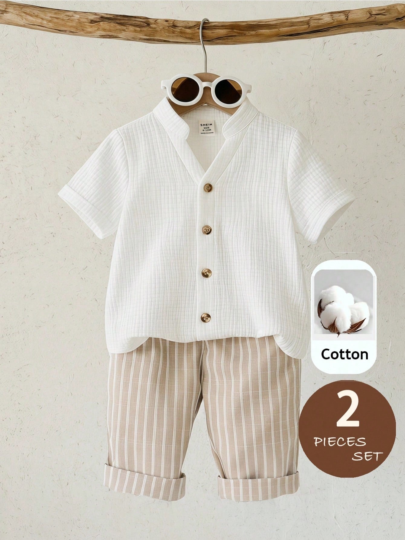 2pcs Boys Mandarin Collar Shirt & Striped Trousers Set - Ivory