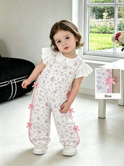 Girls Ditsy Floral Bow-Trim Dungaree Overalls - Ivory | 21 Century ...