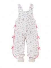Girls Ditsy Floral Bow-Trim Dungaree Overalls - Ivory | 21 Century ...