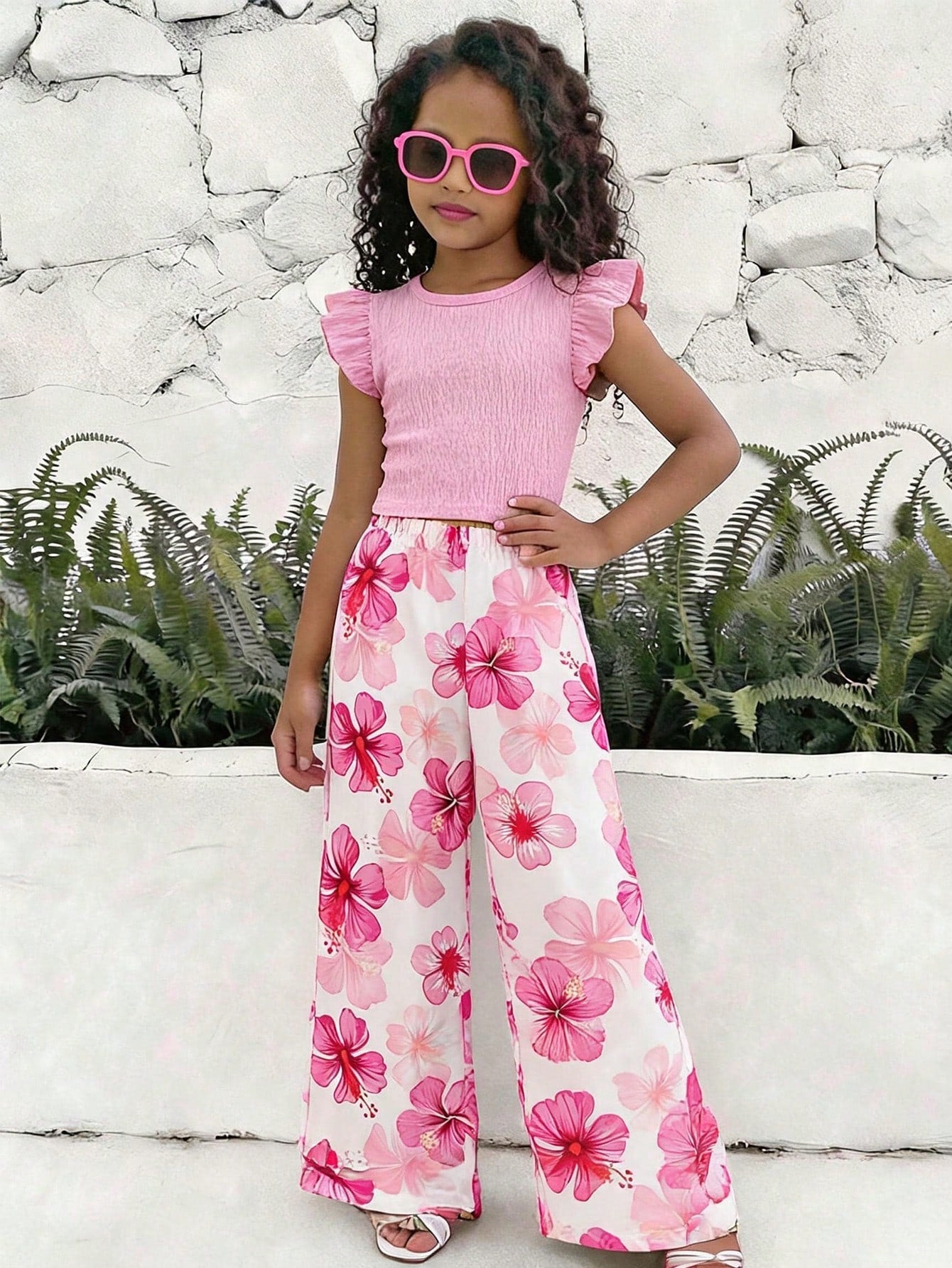 2pcs Big Girls Ruffle Top & Hibiscus Print Wide-Leg Pants Set - Blu...
