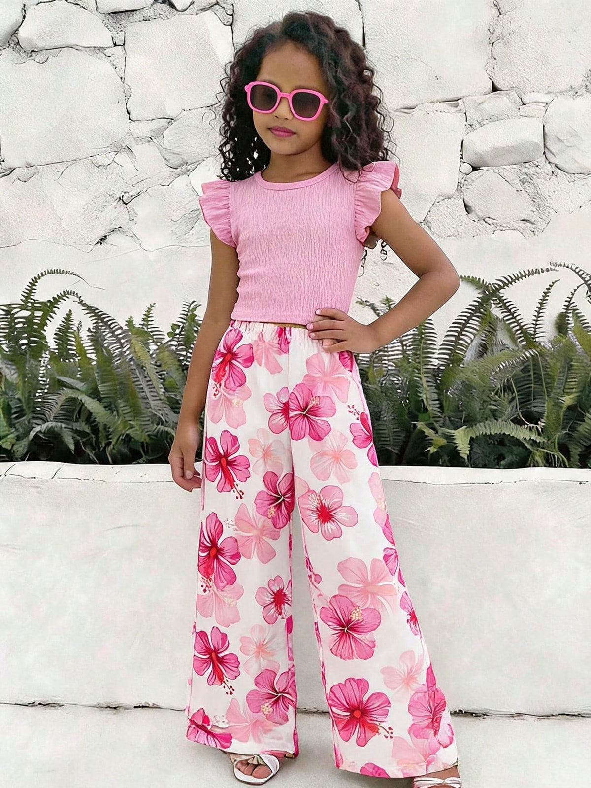 2pcs Big Girls Ruffle Top & Hibiscus Print Wide-Leg Pants Set - Blu...