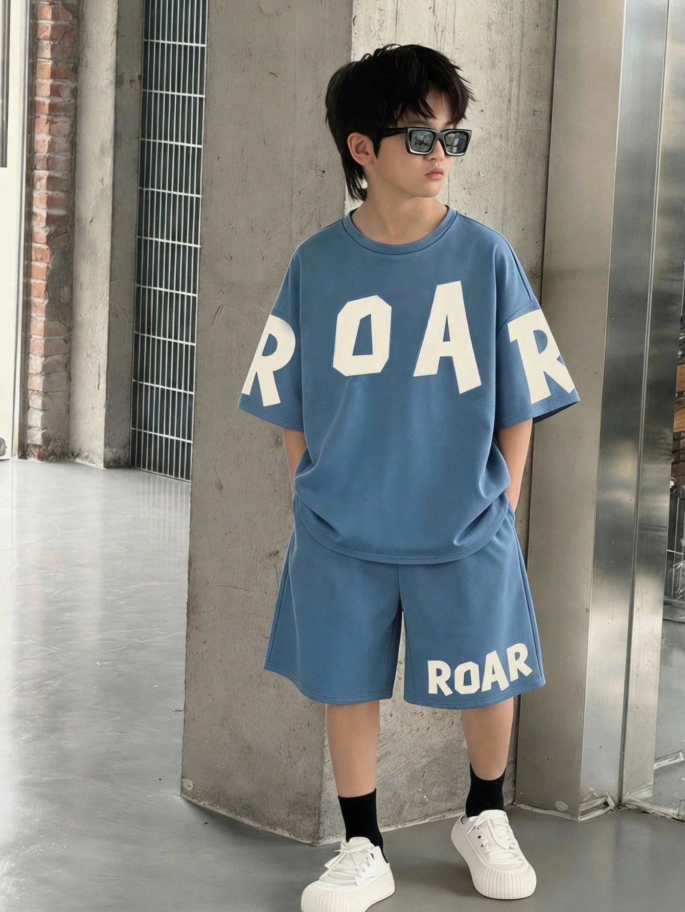 2pcs Big Boys ROAR Graphic Oversized Tee & Shorts Set - Slate Blue ...
