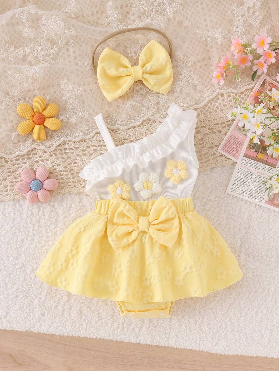 2pcs Baby Girls Floral Appliqué Ruffle Romper & Skirt Set - Butterc...