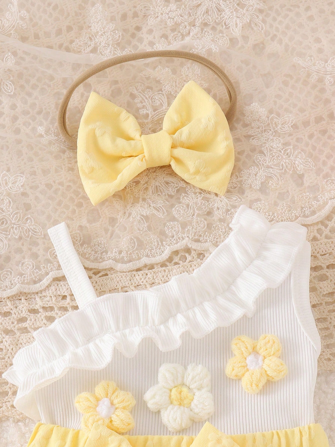 2pcs Baby Girls Floral Appliqué Ruffle Romper & Skirt Set - Butterc...