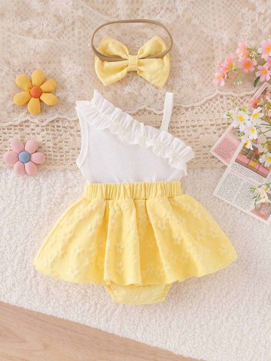2pcs Baby Girls Floral Appliqué Ruffle Romper & Skirt Set - Butterc...