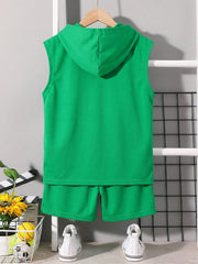 2pcs Little Boys Dinosaur Print Hoodie Vest & Shorts Set - Fern