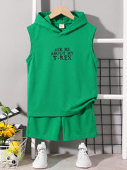 2pcs Little Boys Dinosaur Print Hoodie Vest & Shorts Set - Fern