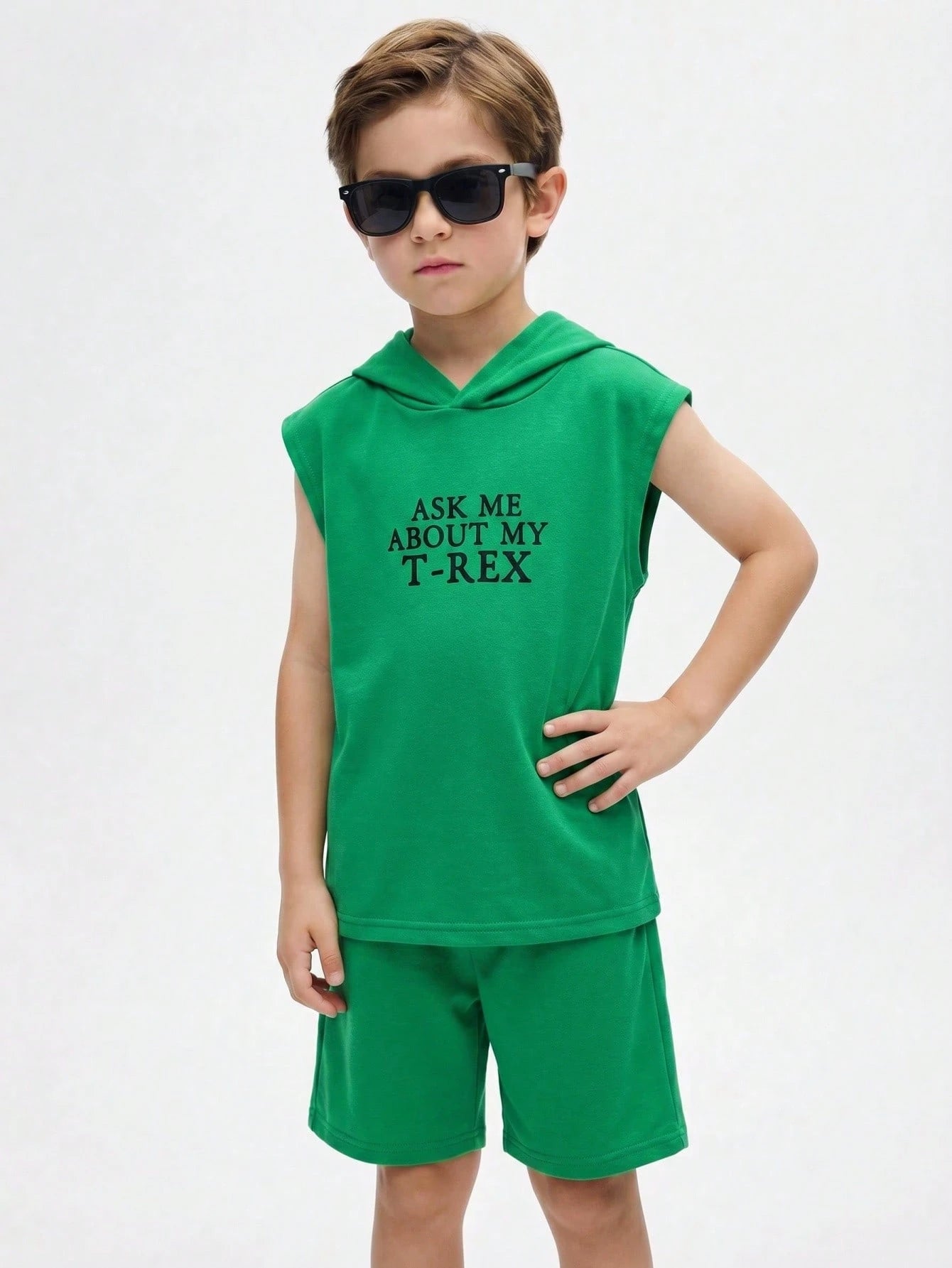 2pcs Little Boys Dinosaur Print Hoodie Vest & Shorts Set - Fern