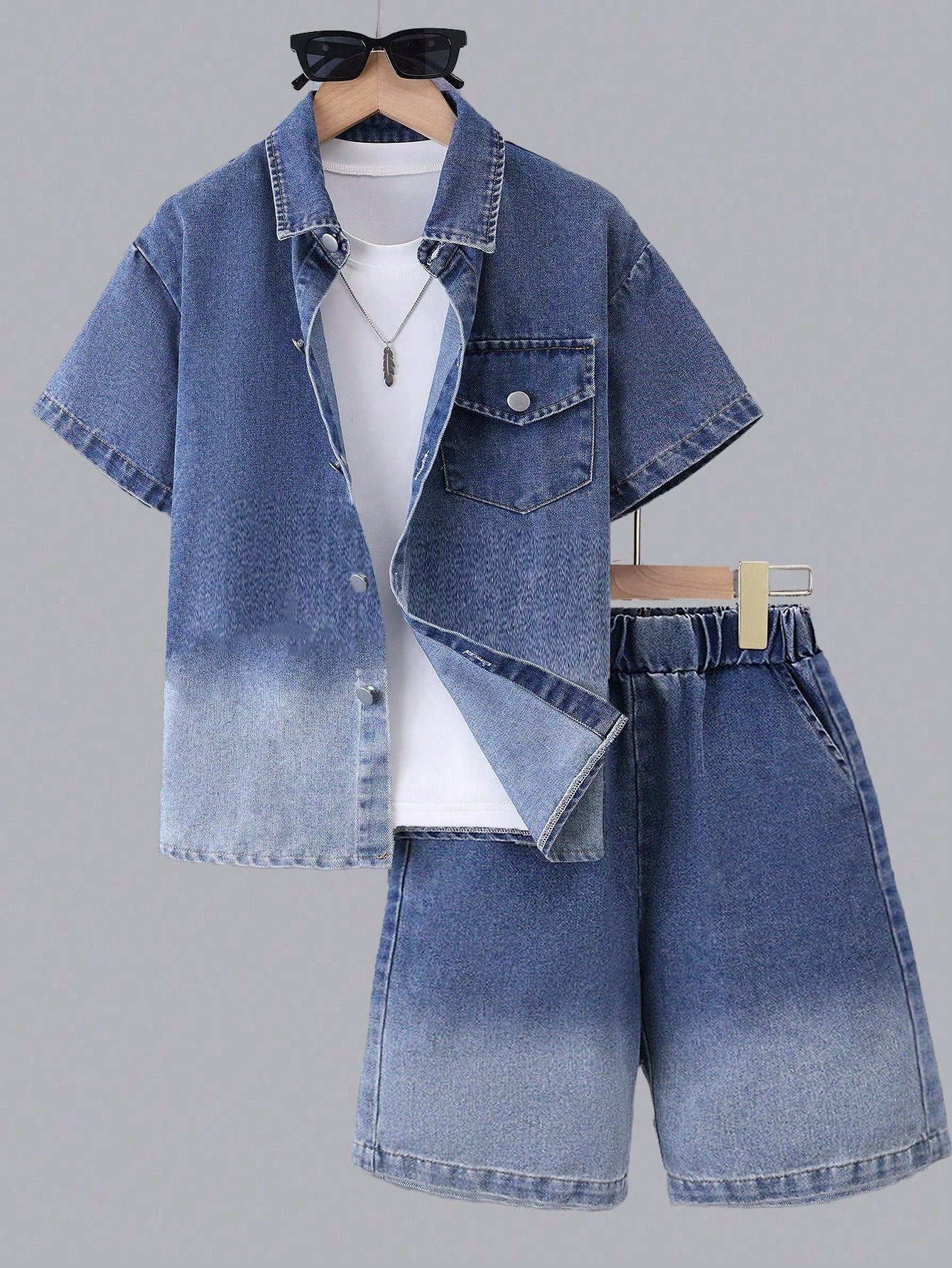 2pcs Big Boys Ombre Denim Shirt & Shorts Set - Cobalt | 21 Century ...