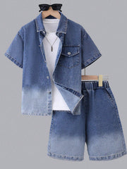 2pcs Big Boys Ombre Denim Shirt & Shorts Set - Cobalt | 21 Century ...