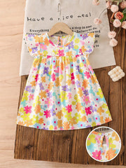 Girls Floral Smock Flutter Sleeve Flared Dress - Ivory