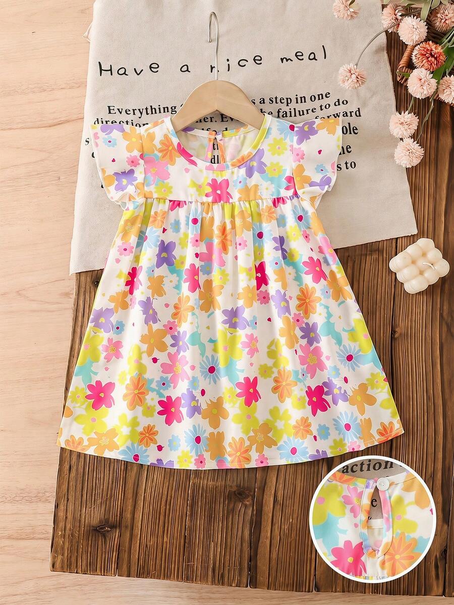 Girls Floral Smock Flutter Sleeve Flared Dress - Ivory