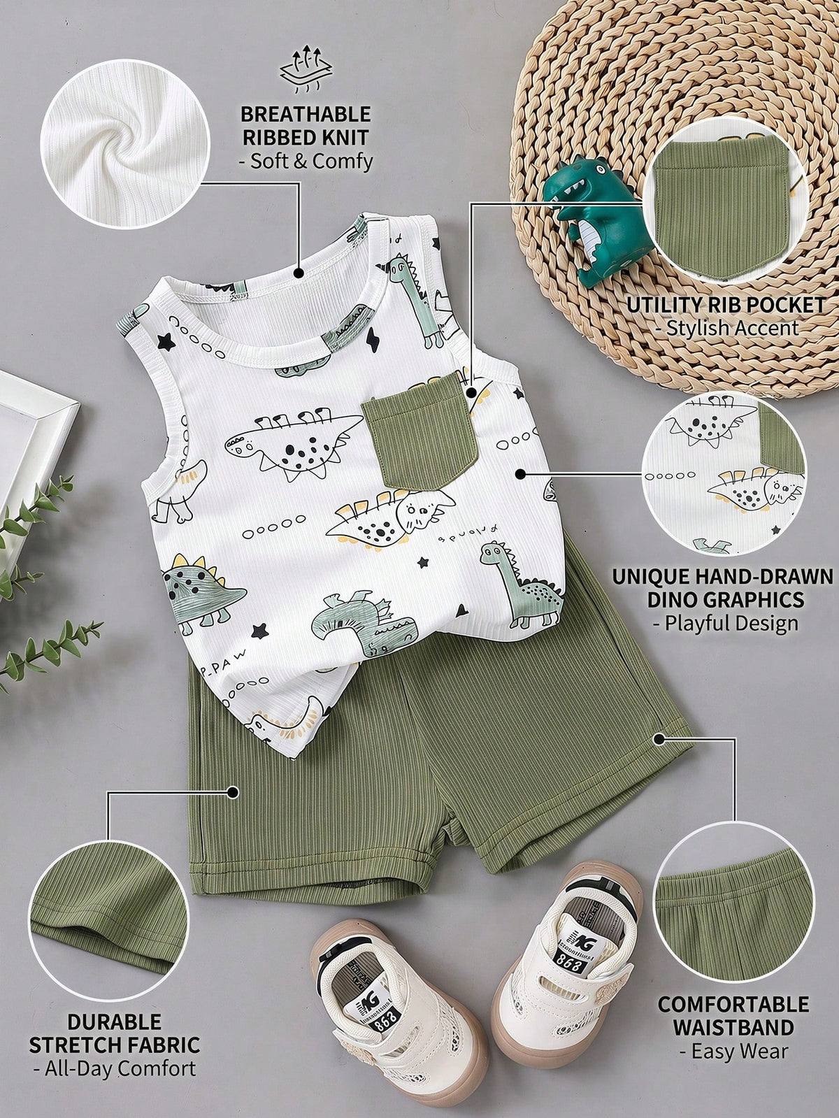 Boys Dino Print Ribbed Tank Top & Shorts Set - Isabelline