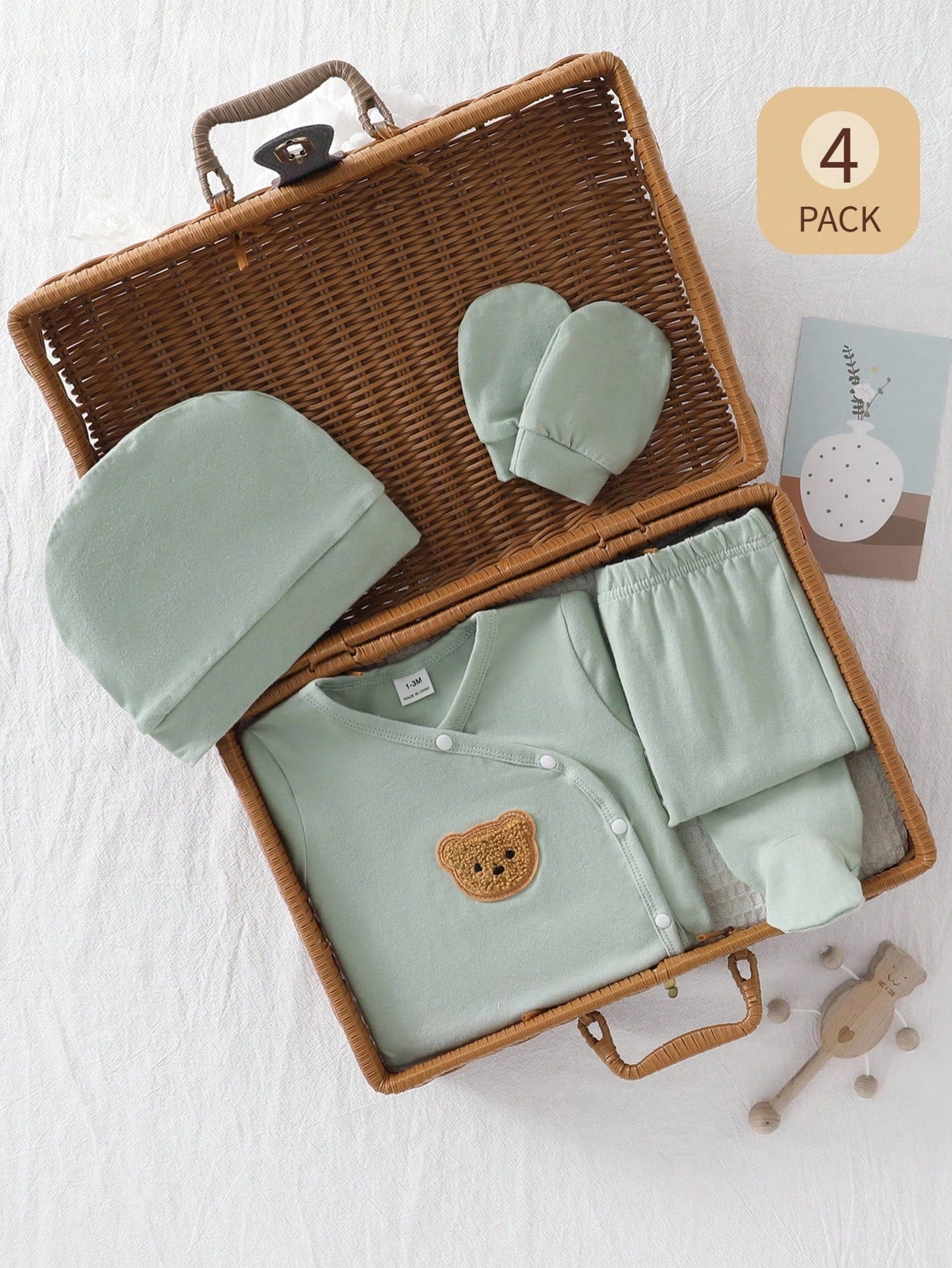 5pcs Baby Boys Bear Appliqué Wrap Top & Footed Pants Set - Sage | 2...