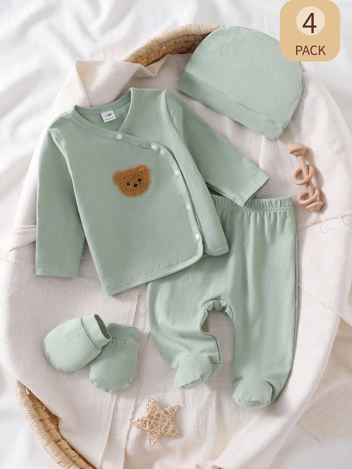 5pcs Baby Boys Bear Appliqué Wrap Top & Footed Pants Set - Sage | 2...