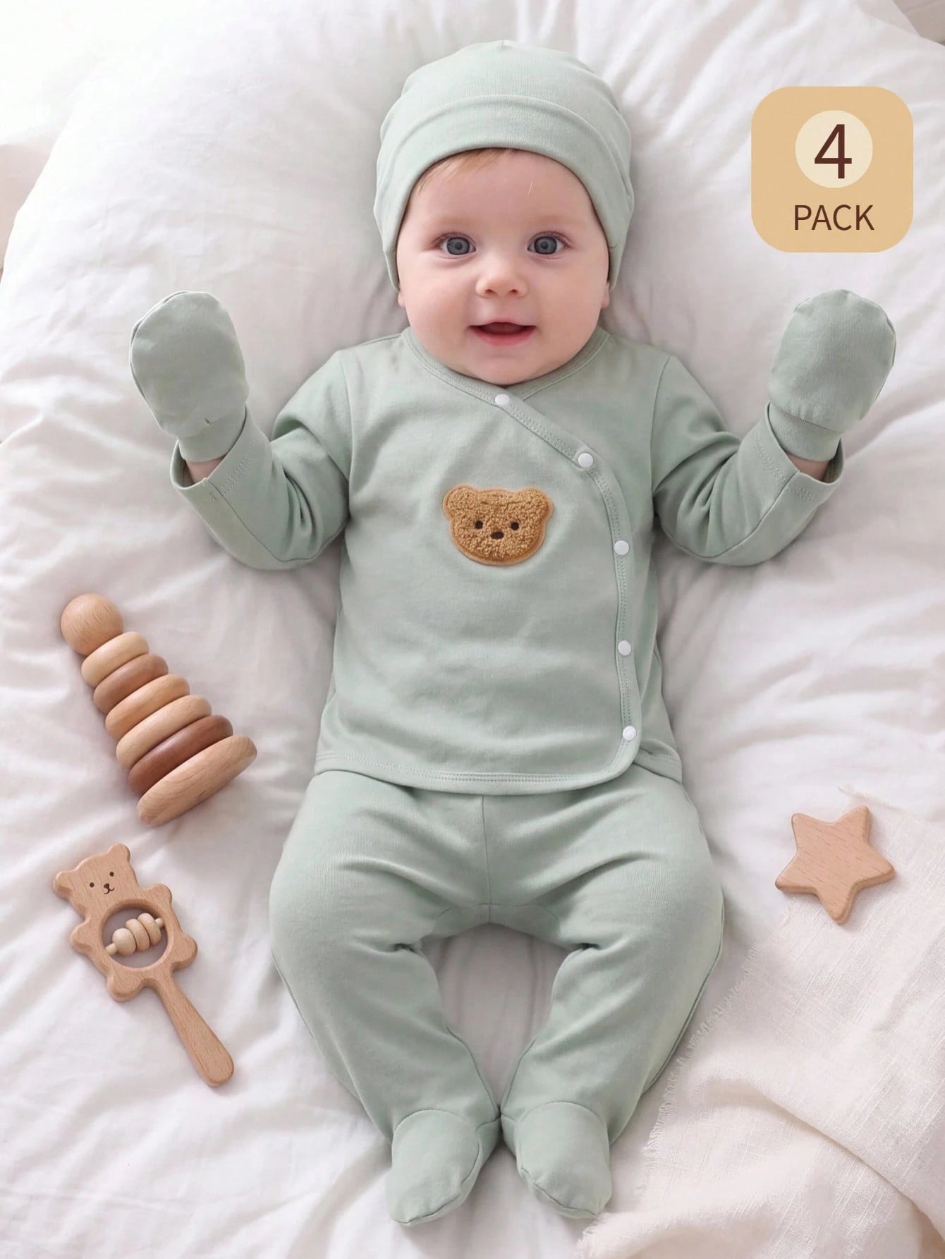 5pcs Baby Boys Bear Appliqué Wrap Top & Footed Pants Set - Sage | 2...