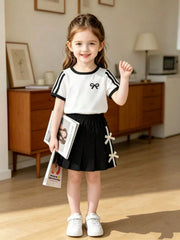 Girls Bow Print Tee & Pleated Skirt Set - Ivory