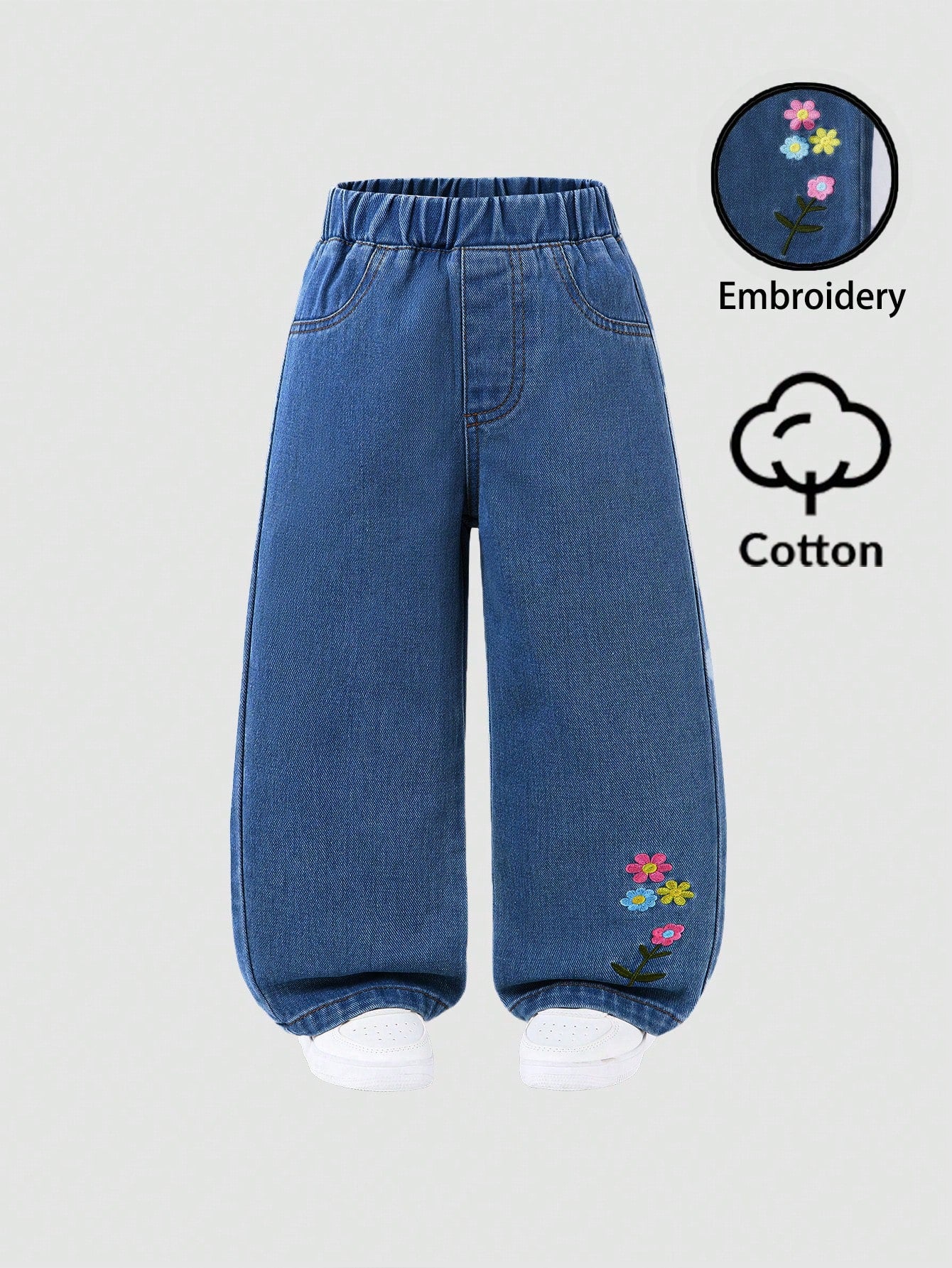 Little Girls Floral Embroidered Wide-Leg Denim Jeans - Cobalt | 21 ...