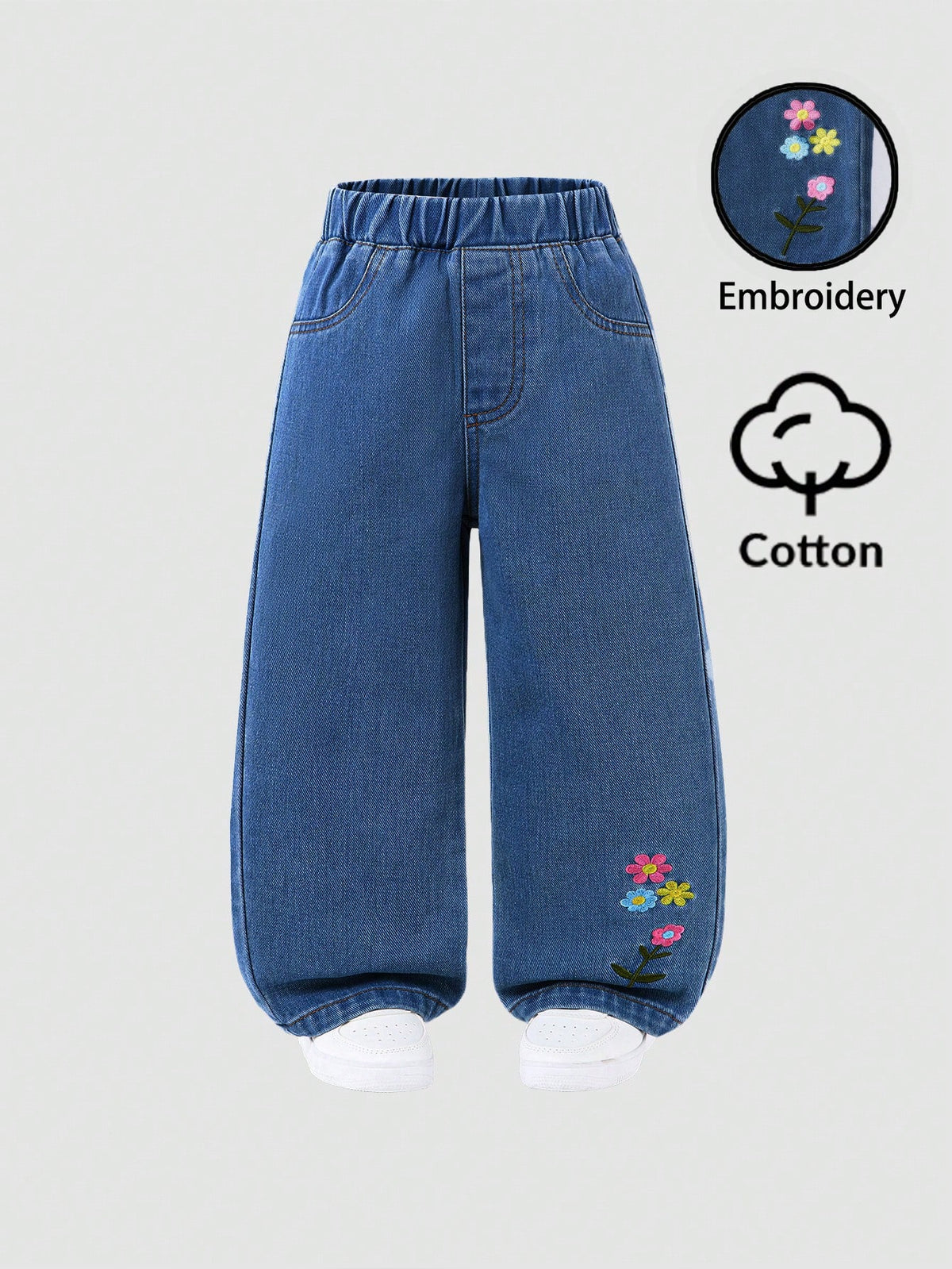 Little Girls Floral Embroidered Wide-Leg Denim Jeans - Cobalt | 21 ...