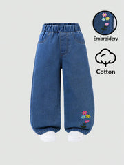 Little Girls Floral Embroidered Wide-Leg Denim Jeans - Cobalt | 21 ...