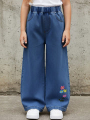 Little Girls Floral Embroidered Wide-Leg Denim Jeans - Cobalt | 21 ...