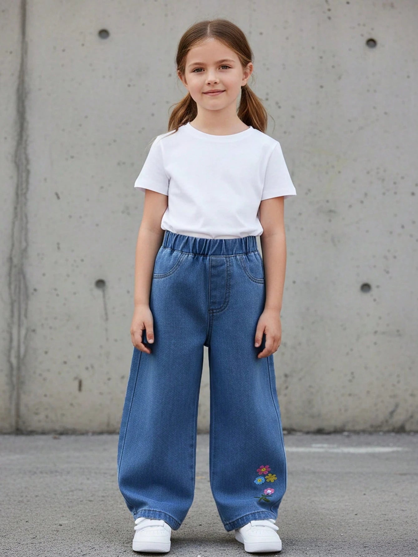 Little Girls Floral Embroidered Wide-Leg Denim Jeans - Cobalt | 21 ...