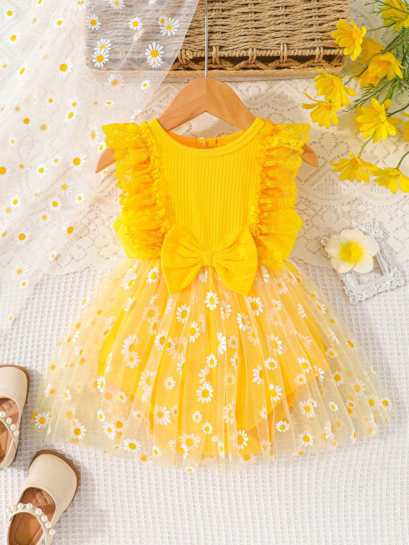 Baby Girls Daisy Tulle Lace Ruffle Bow Romper Dress - Buttercup | 2...