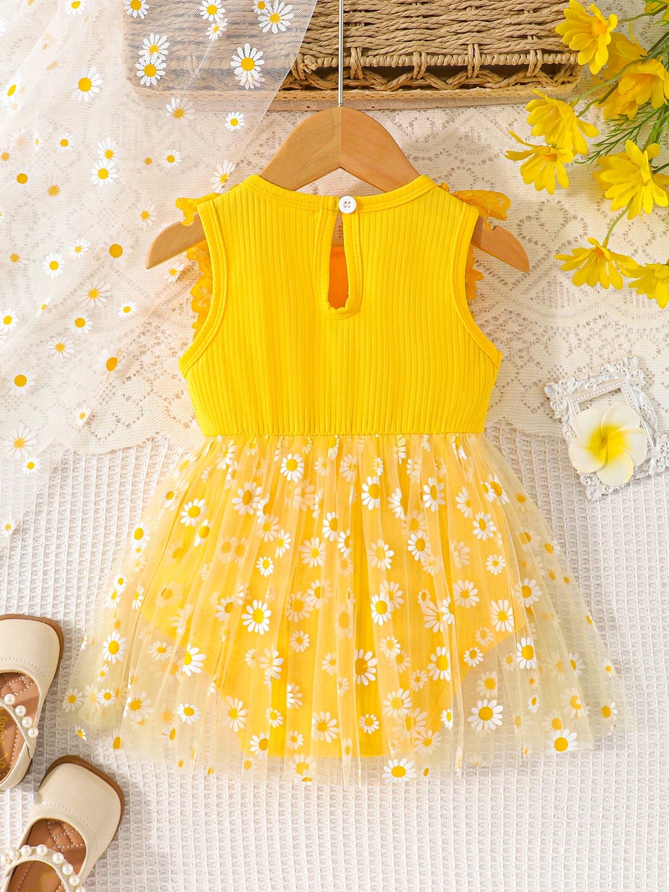 Baby Girls Daisy Tulle Lace Ruffle Bow Romper Dress - Buttercup | 2...