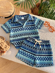 2pcs Boys Aztec Knit Polo Shirt & Shorts Set - Cerulean | 21 Centur...