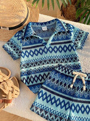 2pcs Boys Aztec Knit Polo Shirt & Shorts Set - Cerulean | 21 Centur...