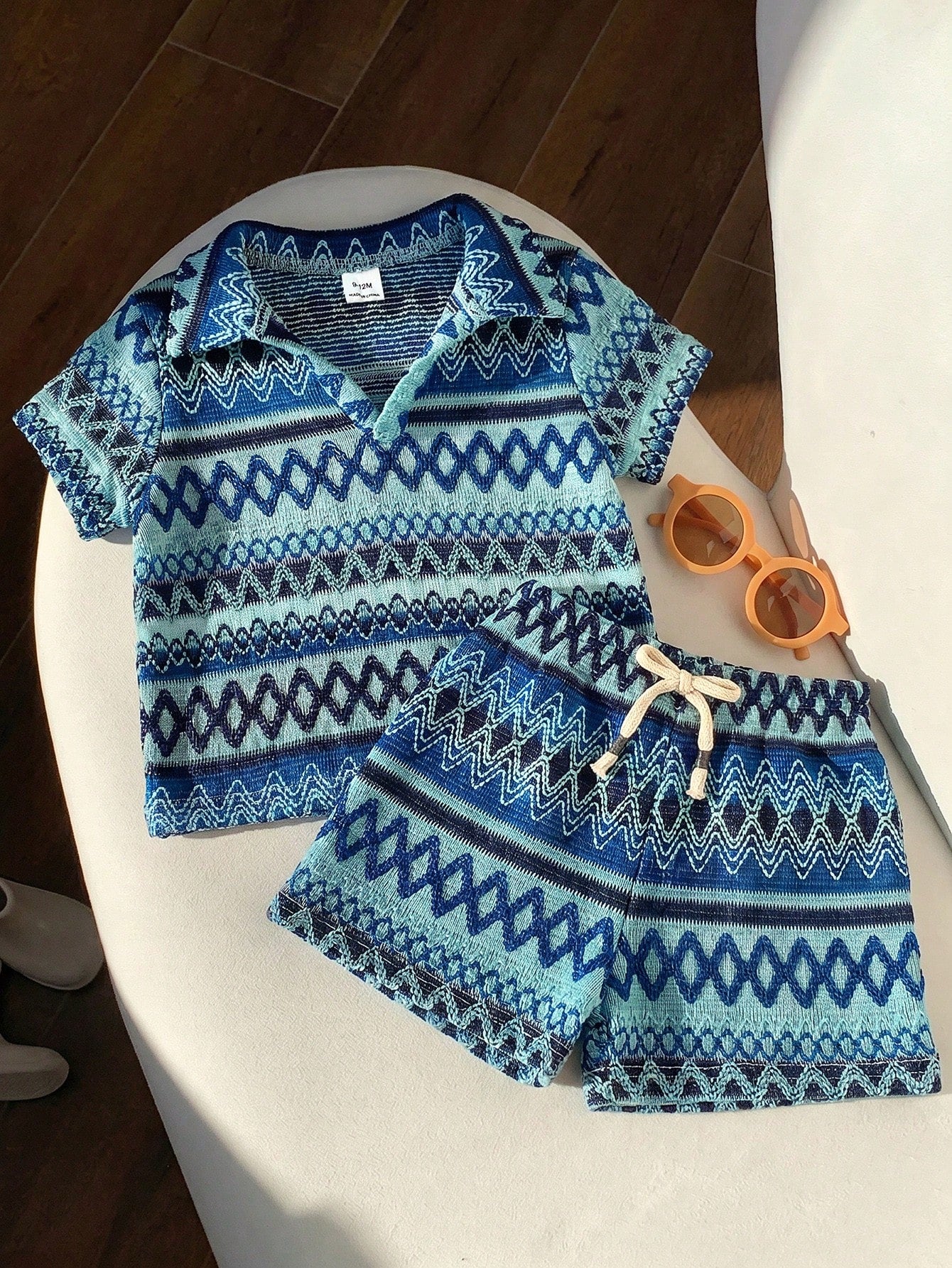 2pcs Boys Aztec Knit Polo Shirt & Shorts Set - Cerulean | 21 Centur...