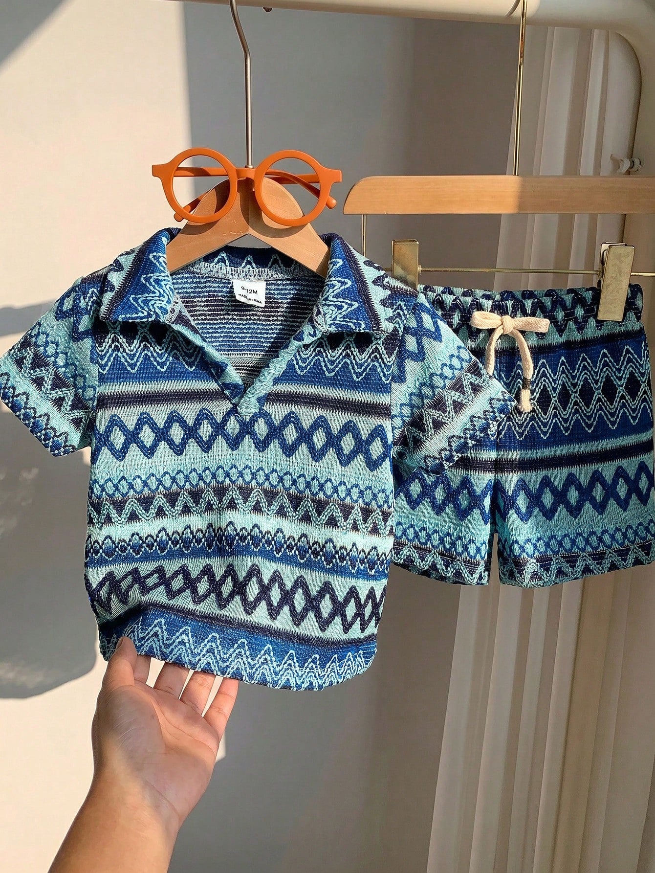 2pcs Boys Aztec Knit Polo Shirt & Shorts Set - Cerulean | 21 Centur...