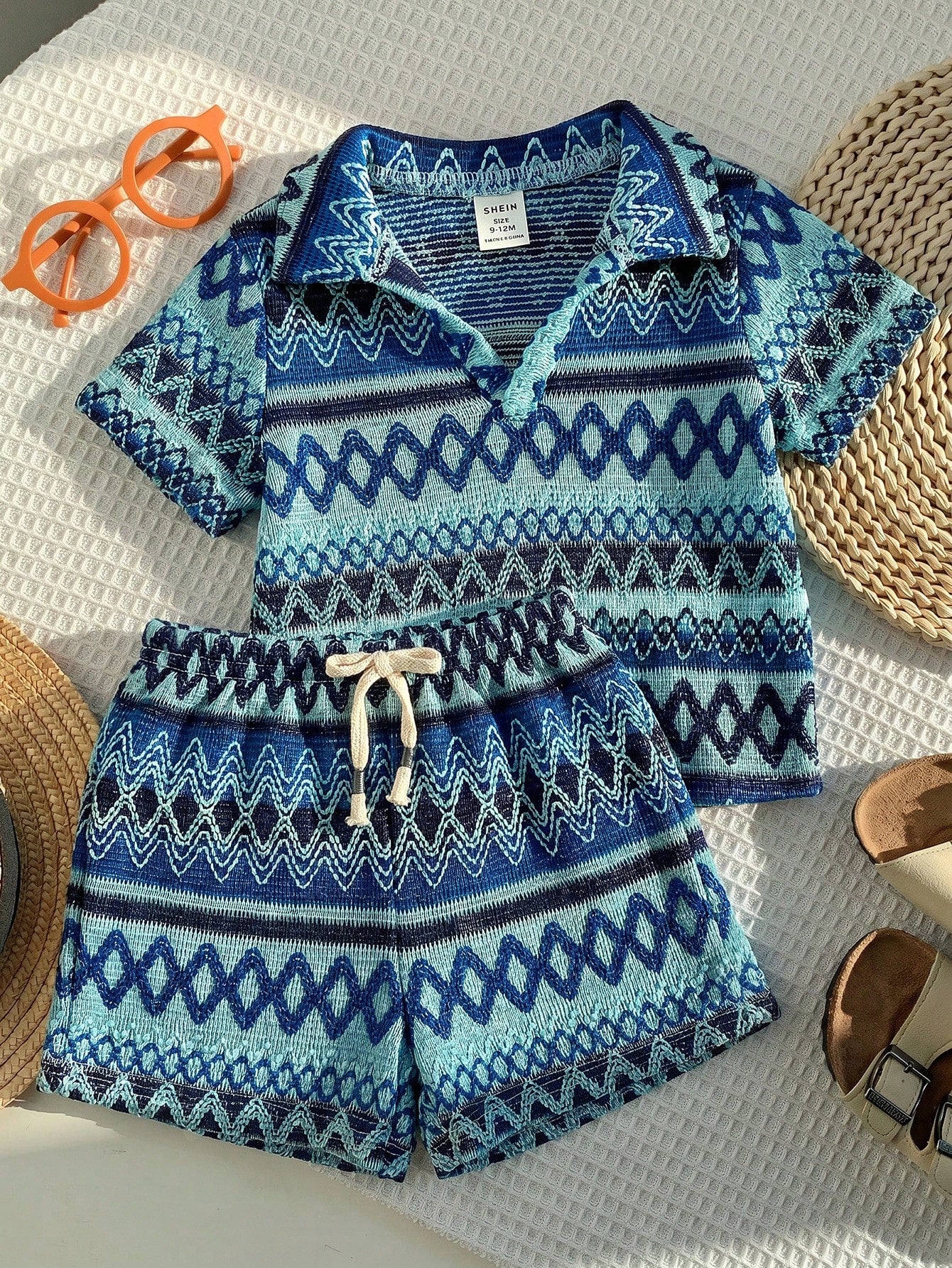 2pcs Boys Aztec Knit Polo Shirt & Shorts Set - Cerulean | 21 Centur...