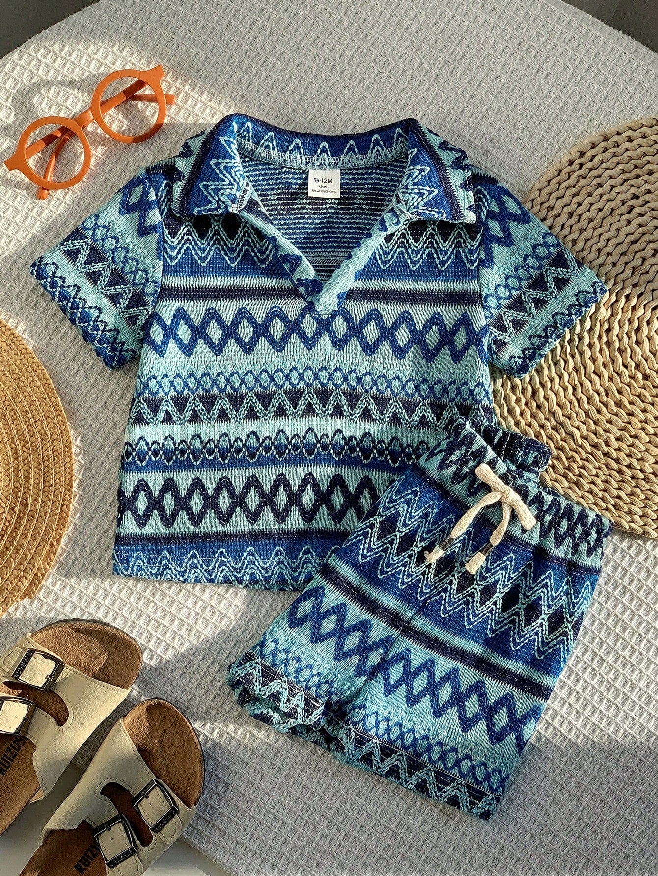 2pcs Boys Aztec Knit Polo Shirt & Shorts Set - Cerulean | 21 Centur...