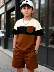 2pcs Boys Colourblock Chest Pocket T-Shirt & Shorts Set - Ochre | 2...