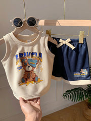 2pcs Boys Bravely Bear Graphic Tank Top & Shorts Set - Ecru | 21 Ce...