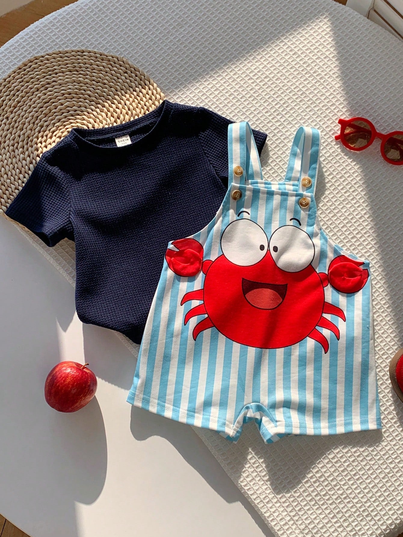 2pcs Boys Crab Graphic Waffle Tee & Stripe Dungaree Set - Cerulean ...