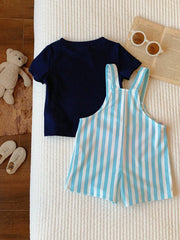 2pcs Boys Crab Graphic Waffle Tee & Stripe Dungaree Set - Cerulean ...