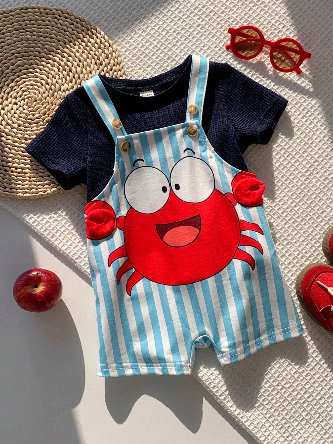 2pcs Boys Crab Graphic Waffle Tee & Stripe Dungaree Set - Cerulean ...