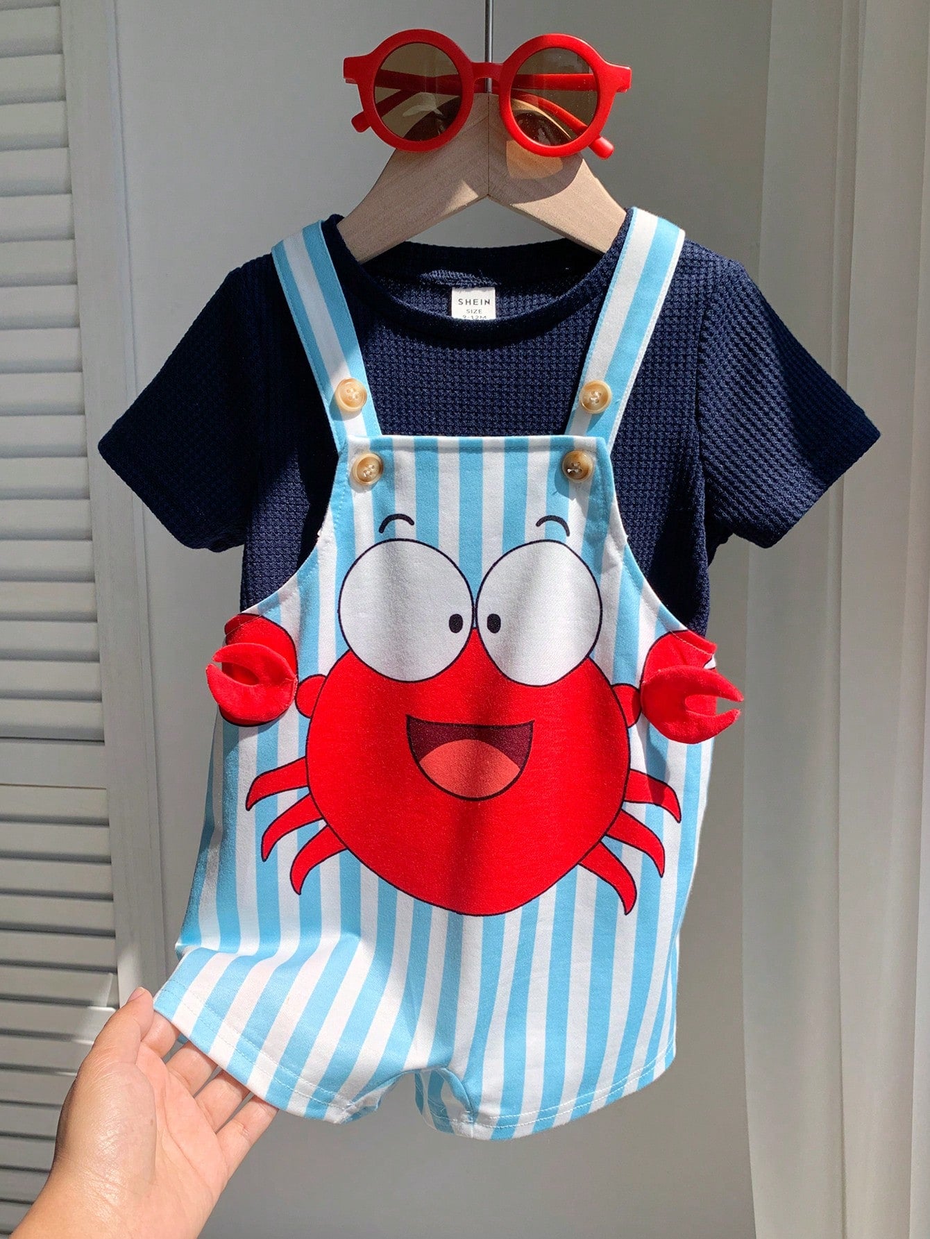 2pcs Boys Crab Graphic Waffle Tee & Stripe Dungaree Set - Cerulean ...