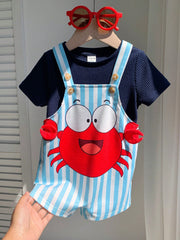 2pcs Boys Crab Graphic Waffle Tee & Stripe Dungaree Set - Cerulean ...