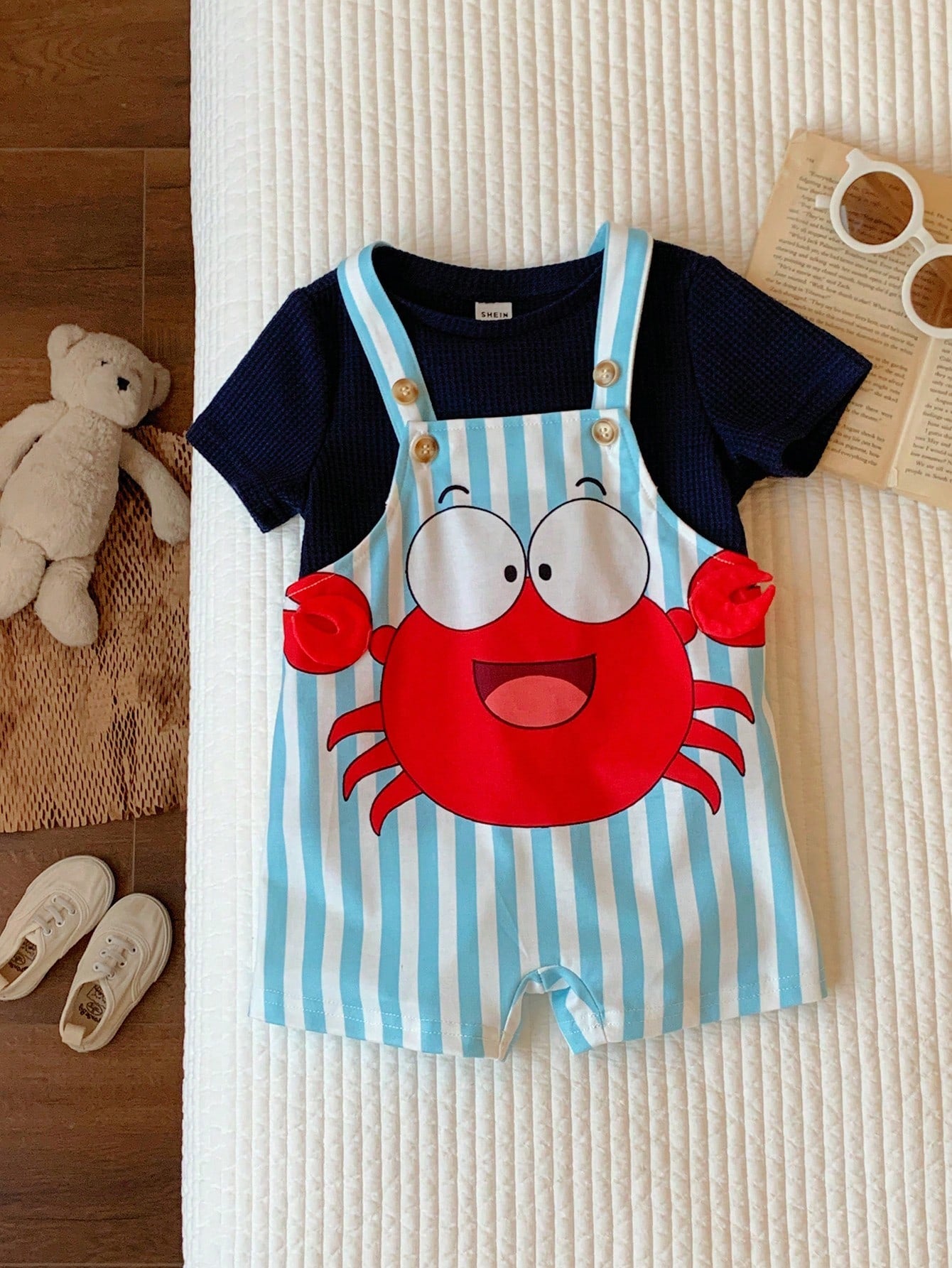 2pcs Boys Crab Graphic Waffle Tee & Stripe Dungaree Set - Cerulean ...