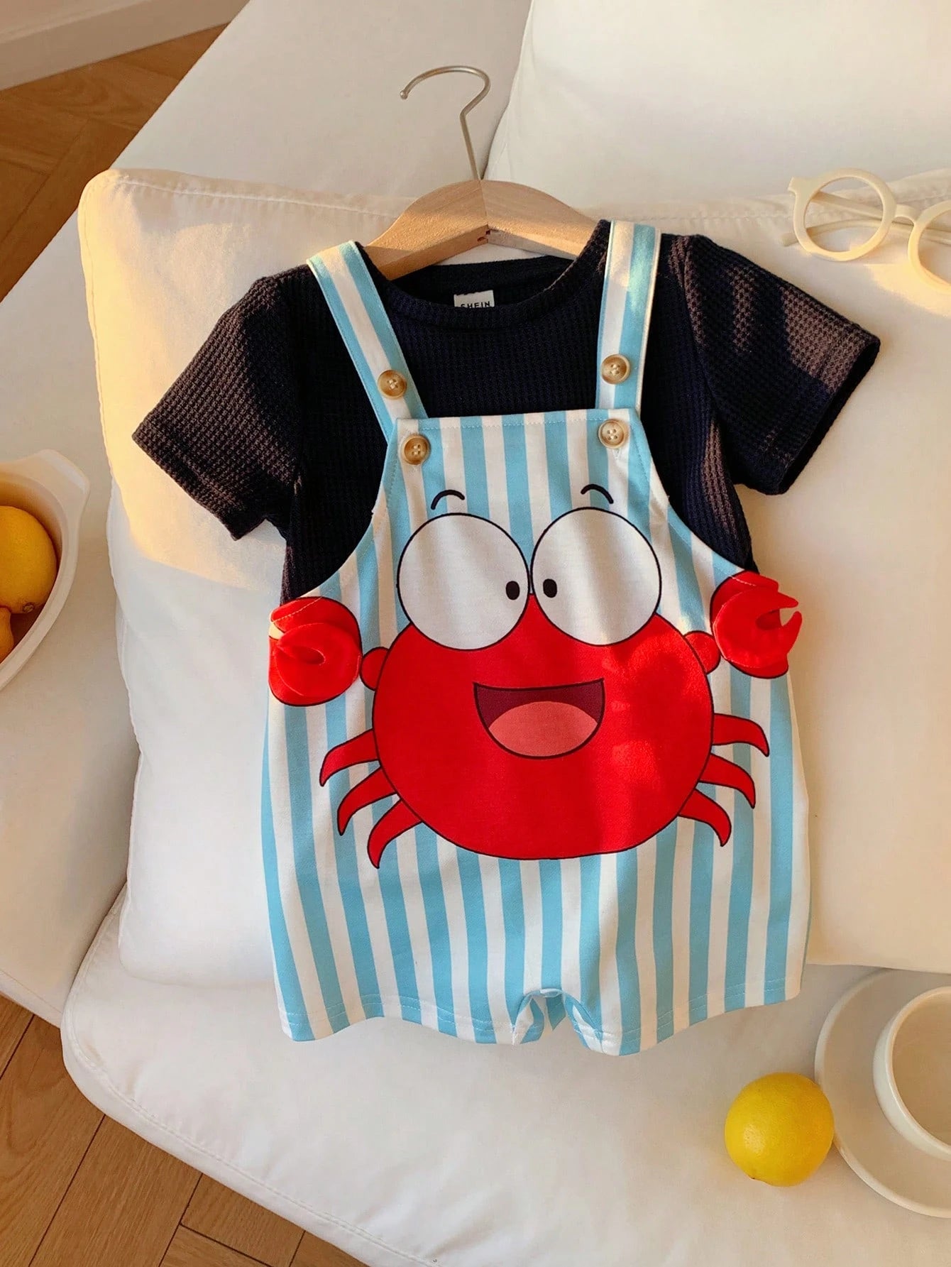 2pcs Boys Crab Graphic Waffle Tee & Stripe Dungaree Set - Cerulean ...