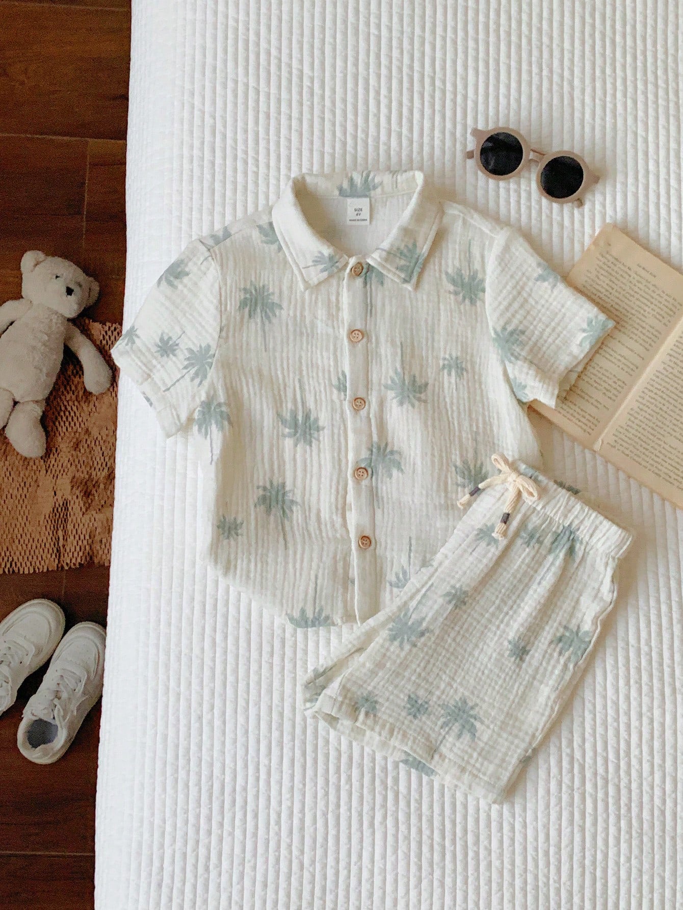 2pcs Boys Palm Print Muslin Shirt & Shorts Set - Ecru